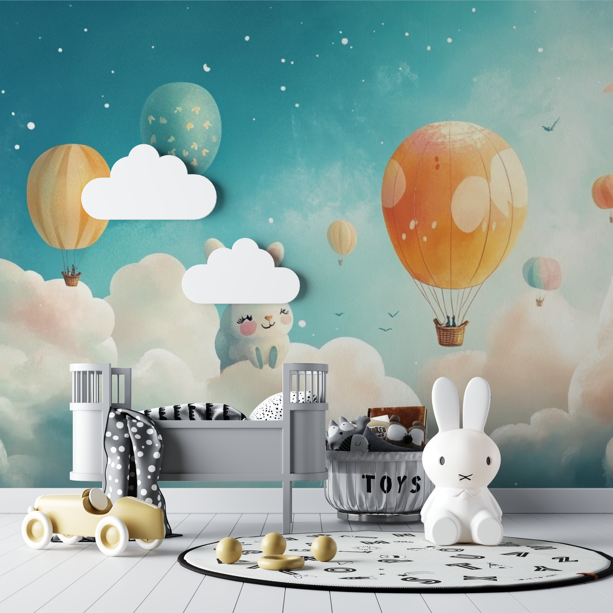 Kids Mural Wallpaper | Hot Air Balloons and Bunny Clouds