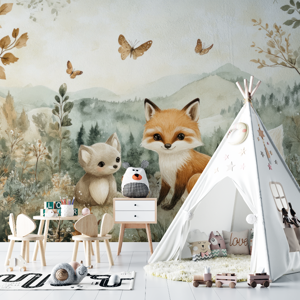 Forest Animals Mural Wallpaper | Enchanted Fox and Butterfly Scene