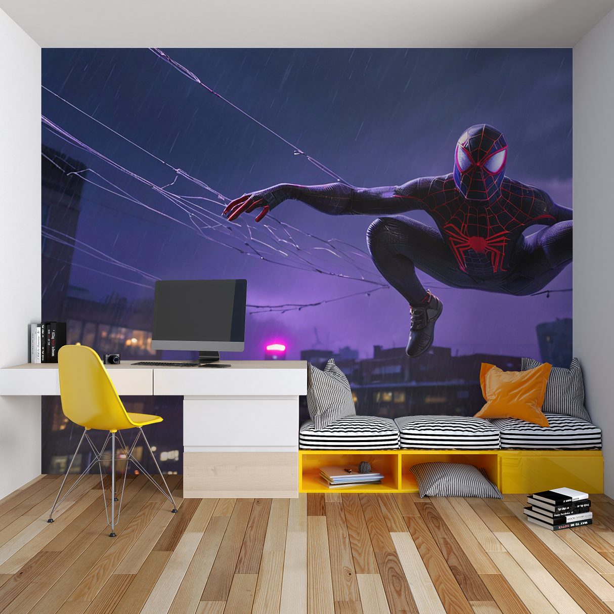 Night Superhero Mural Wallpaper | Spider Theme in Purple Rain