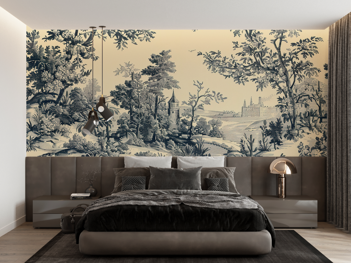 Vintage Mural Wallpaper | Black and Beige Toile de Jouy Landscape