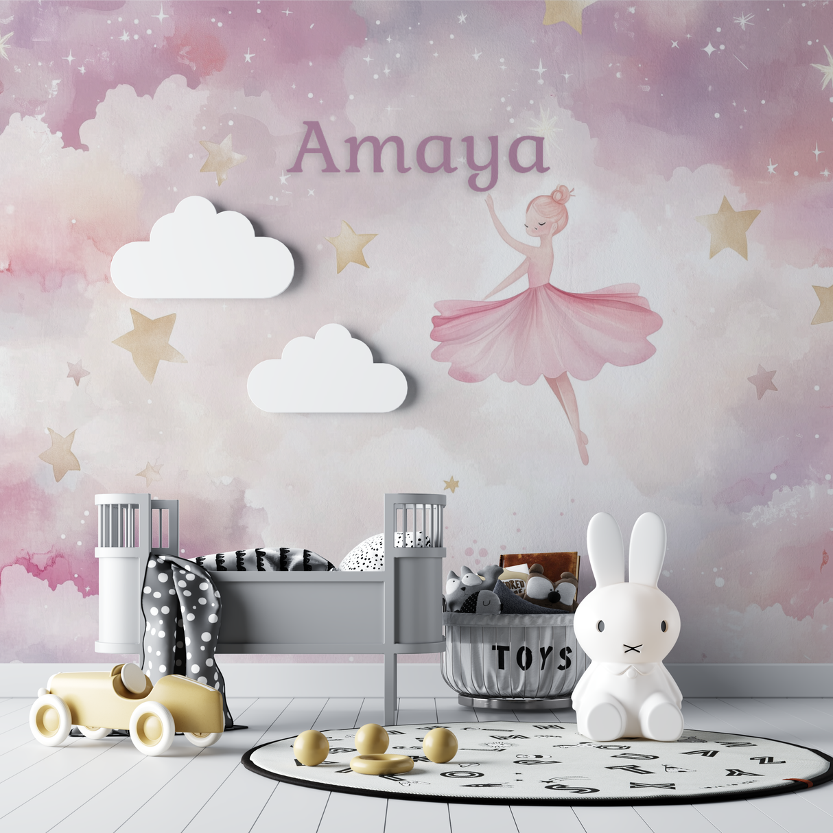 Ballet Mural Wallpaper | Dreamy Pink Dancer with Golden Stars