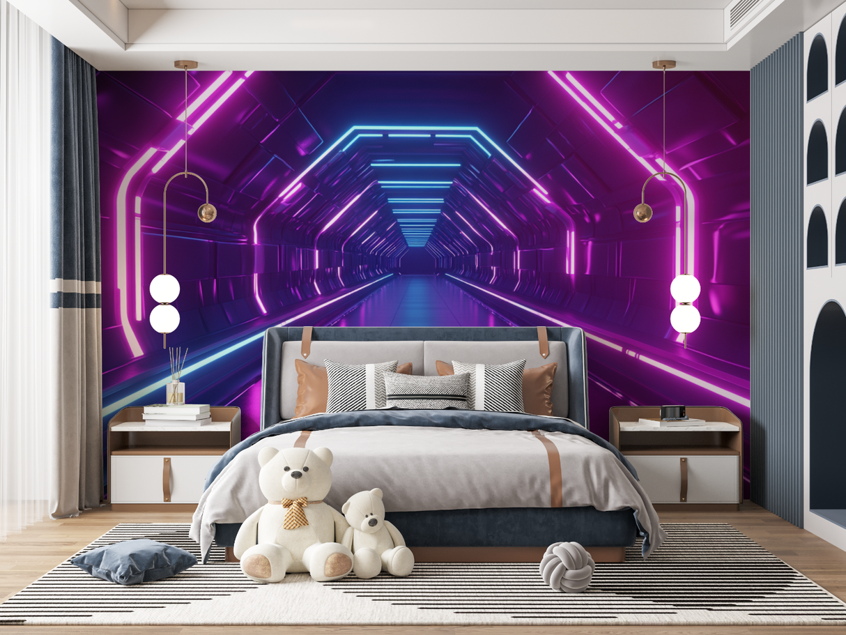 Gaming Mural Wallpaper | Neon Tunnel with Purple and Blue Lights