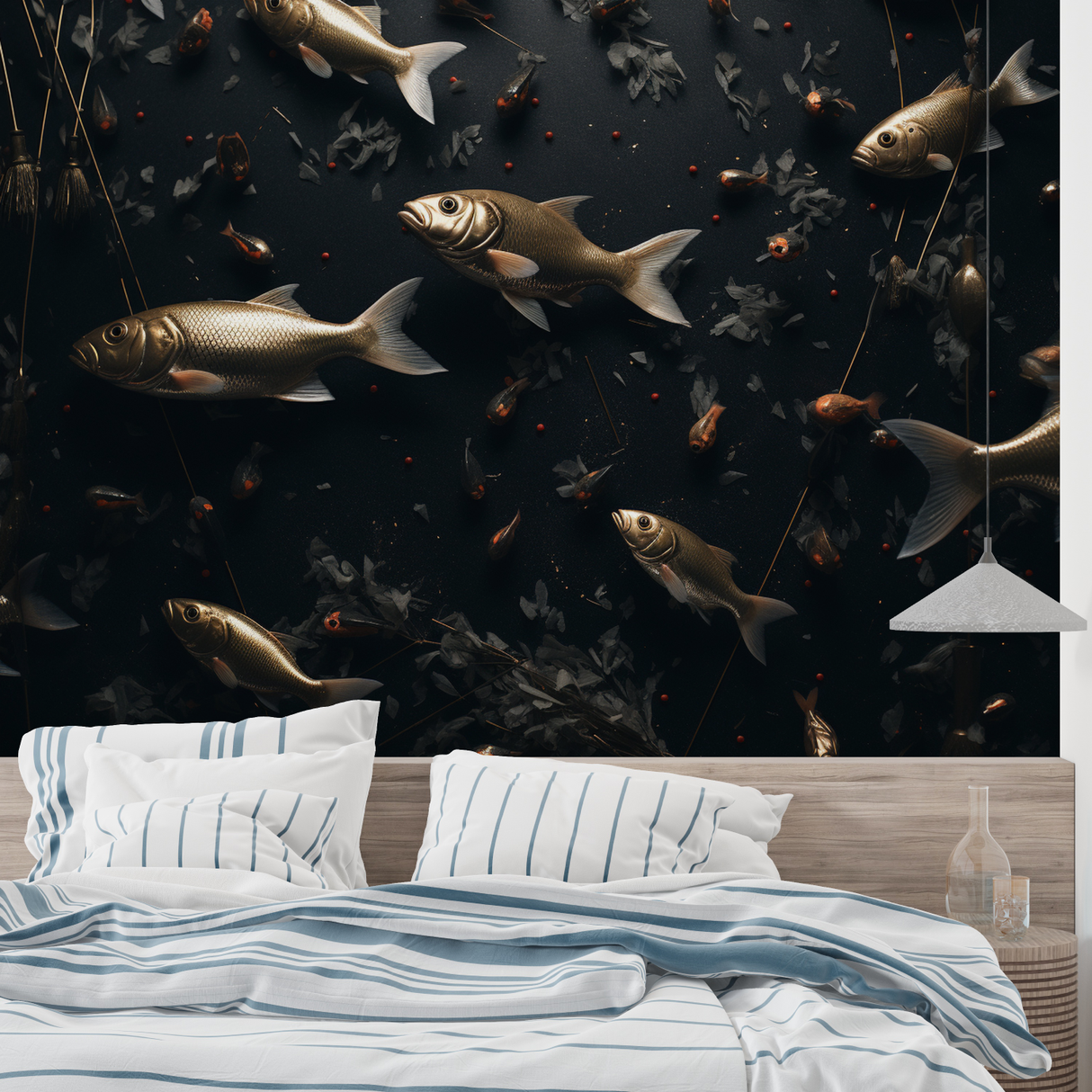Marine Animals Mural Wallpaper | Golden Fish on Dark Background