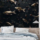 Marine Animals Mural Wallpaper | Golden Fish on Dark Background