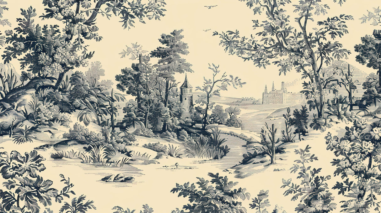Vintage Castle Mural Wallpaper | Black and Beige Toile de Jouy