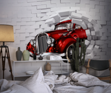 Vintage Car Mural Wallpaper | 3D Red Classic Auto Breaking Through Wall