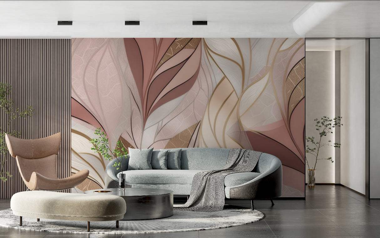 Abstract Mural Wallpaper | Blush Pink and Gold Leaves Design