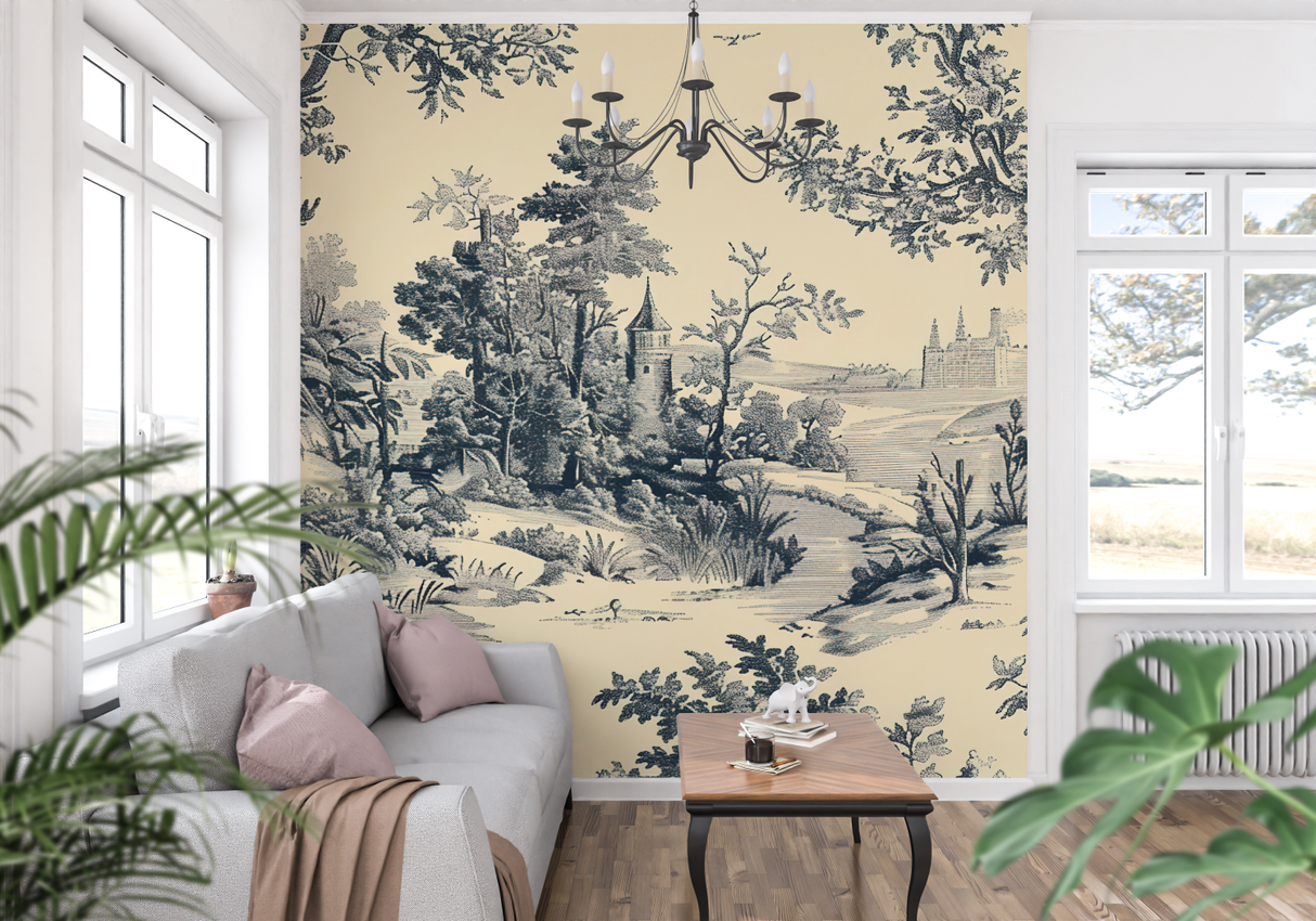Vintage Castle Mural Wallpaper | Black and Beige Toile de Jouy