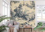 Vintage Castle Mural Wallpaper | Black and Beige Toile de Jouy