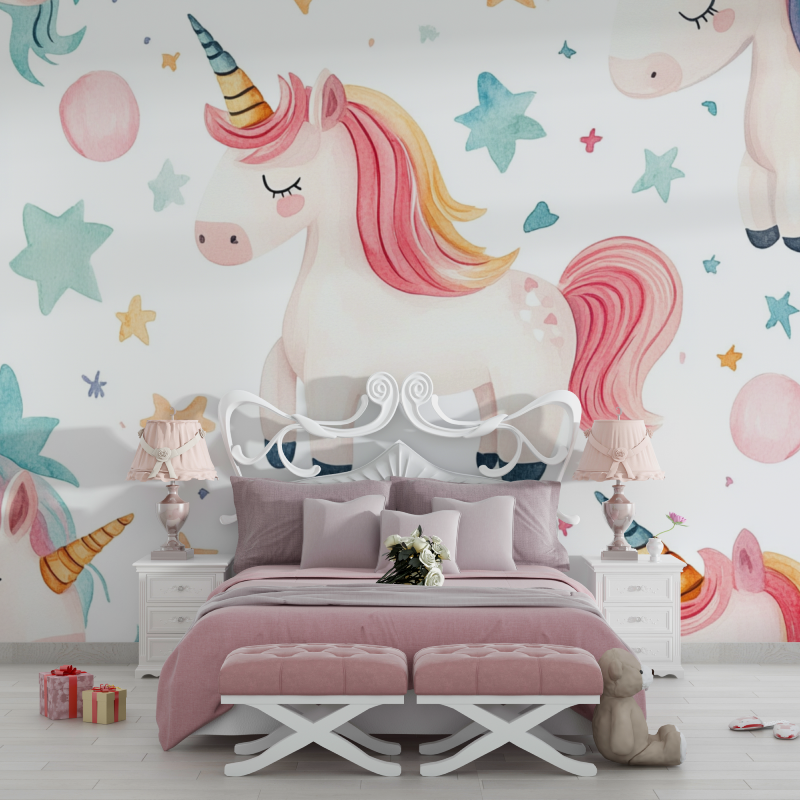 Unicorn Mural Wallpaper | Dreamy Watercolor with Stars and Clouds