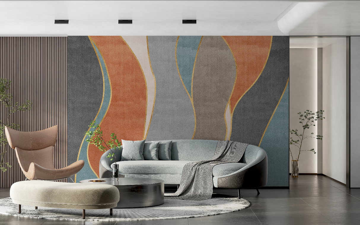 Abstract Mural Wallpaper | Terracotta and Blue Waves with Gold Lines