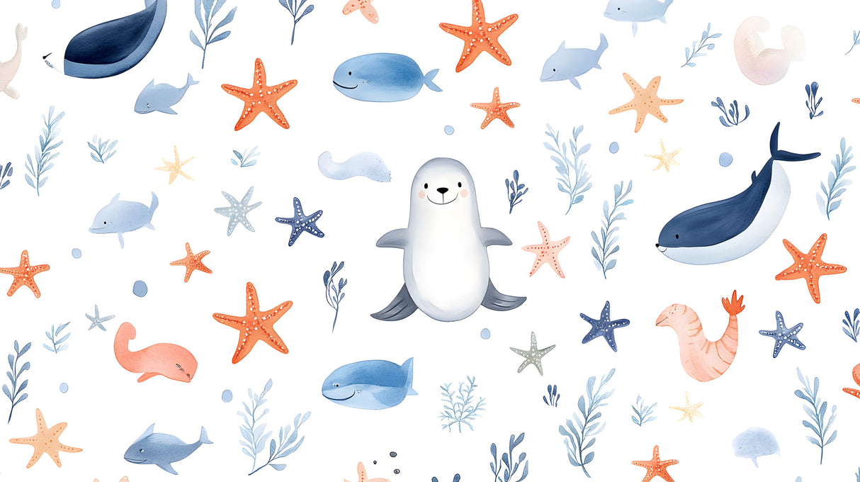 Marine Animals Mural Wallpaper | Whales and Starfish Kids Design