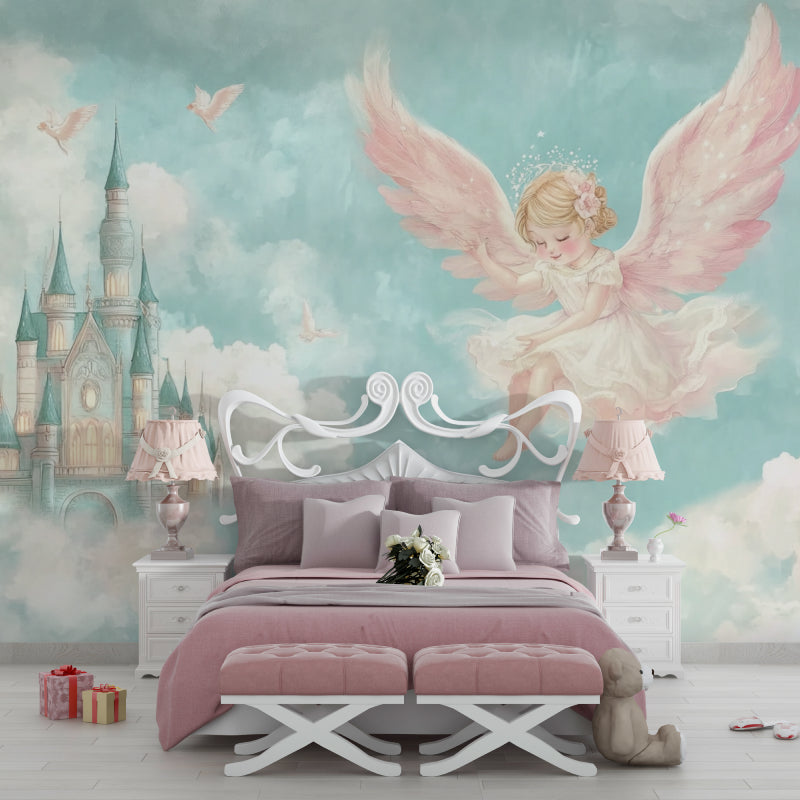Angel Nursery Wallpaper transforming a reading nook with soft lighting and comfy cushions