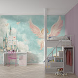 Fairy Castle Mural setting a magical mood in a playroom with white furniture
