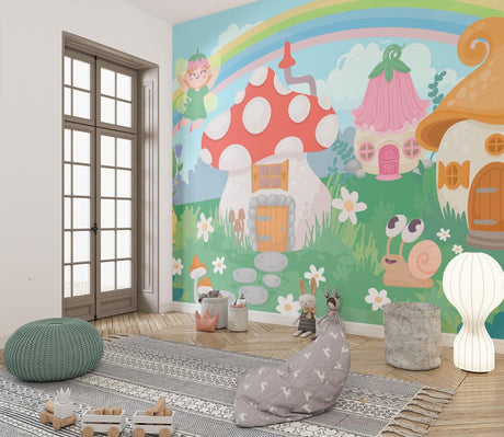 Fairy Garden Wallpaper in cozy nursery with reading nook, showing magical mushroom houses and rainbow