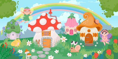 Fairy Garden Wallpaper design file showing detailed mushroom houses and rainbow pattern