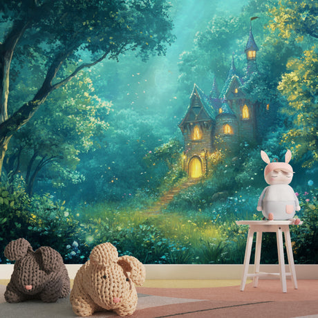 Fantasy Castle Wallpaper in cozy girl's bedroom creating magical atmosphere with glowing castle windows