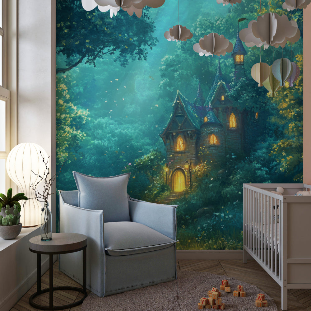 Enchanted Castle Mural in playroom showing scale and magical forest details