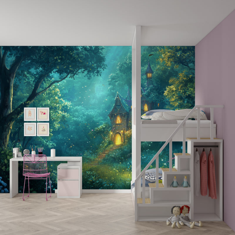 Castle Forest Wallpaper in nursery with soft lighting showing magical glow effect