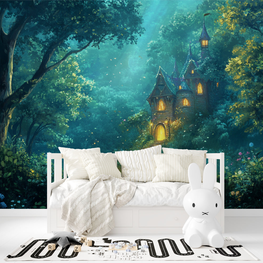 Magical Castle Wallpaper in bedroom showing full wall installation