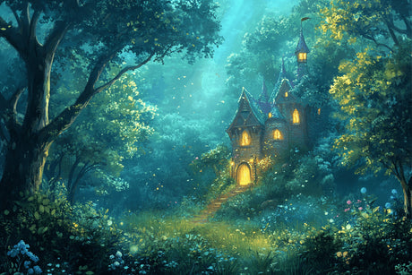 Castle Forest design file showing intricate details and glowing window effects