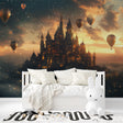 Fantasy castle wallpaper in a cozy bedroom, showing floating hot air balloons against a starlit sky