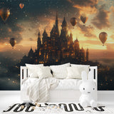 Fantasy castle wallpaper in a cozy bedroom, showing floating hot air balloons against a starlit sky