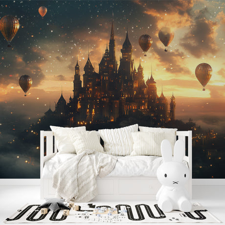 Fantasy castle wallpaper in a cozy bedroom, showing floating hot air balloons against a starlit sky