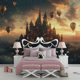 Castle mural with hot air balloons creating magic in a child's playroom