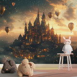 Night sky castle wallpaper transforming a reading nook into a magical space