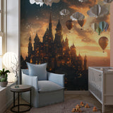 Magical castle wallpaper creating wonder in a modern kids room