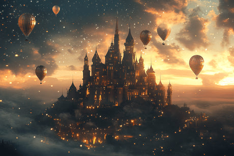 Fantasy castle and hot air balloons design file showing intricate night sky pattern