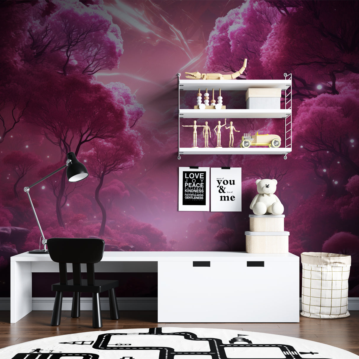 Fantasy forest wallpaper in a cozy nursery, pink trees create a magical atmosphere perfect for sweet dreams