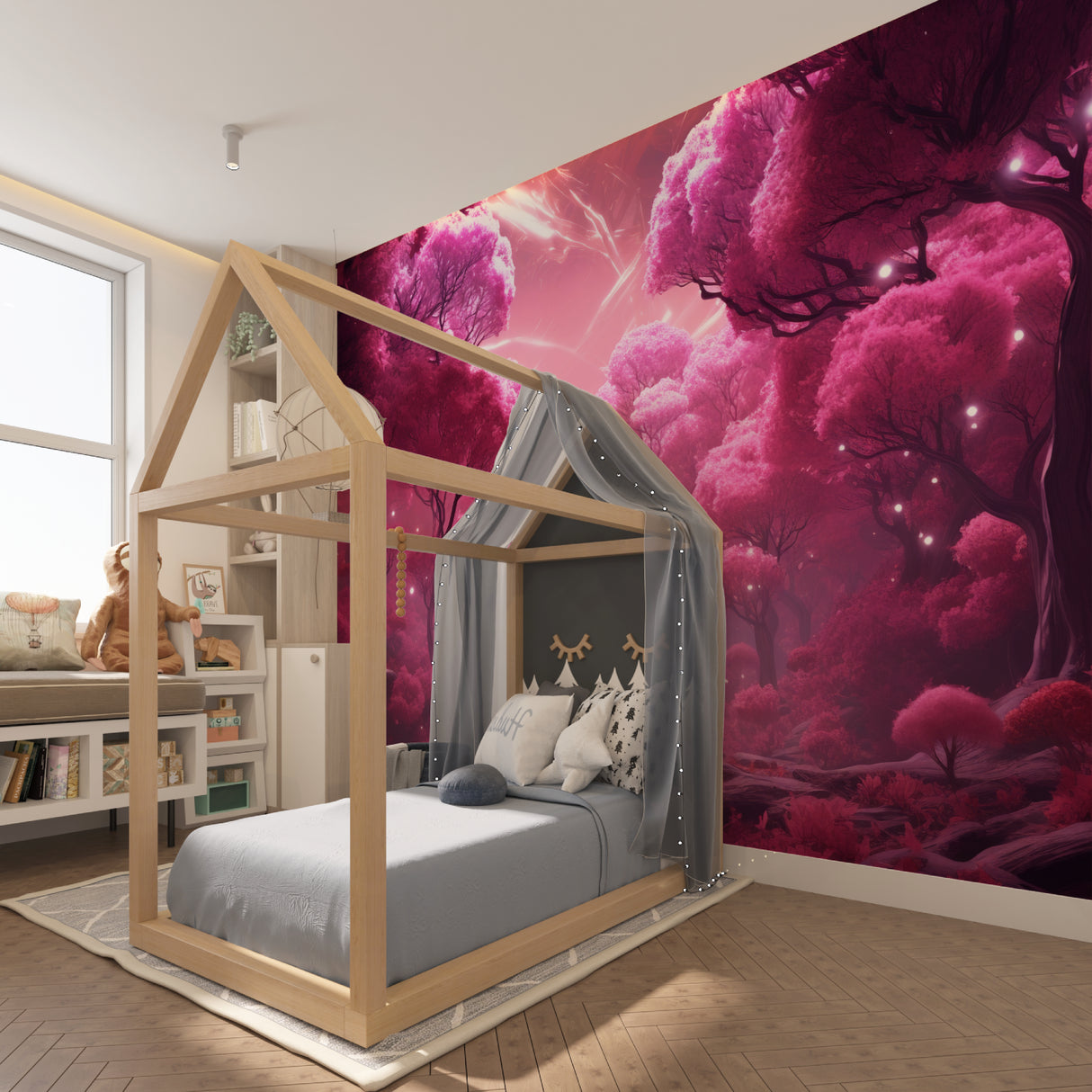 Pink forest mural bringing enchantment to a girl's reading nook with soft lighting