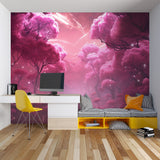 Enchanted forest wallpaper transforming a modern bedroom with dreamy pink tones