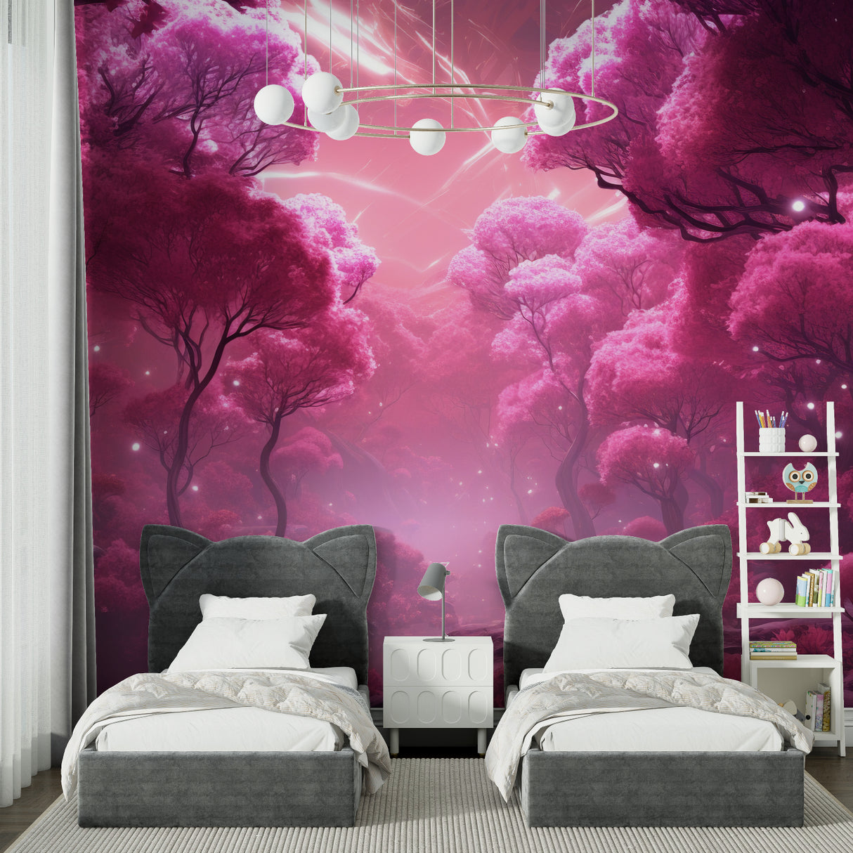 Magical pink forest wall mural adding depth to a playroom space