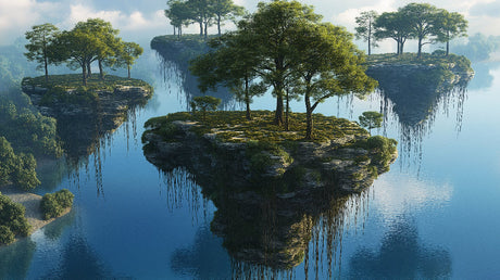 Fantasy Island Mural Wallpaper creating depth in a modern bedroom, floating mountains cast soft shadows on misty waters