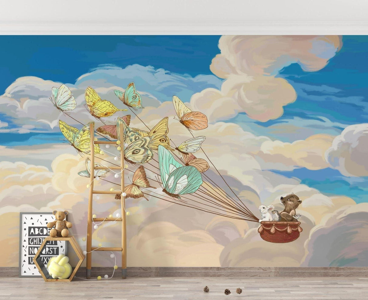 Playroom decorated with magical butterfly woodland wallpaper showing soft color palette in action