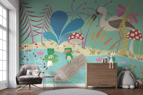 Fantasy kids wallpaper creating a magical atmosphere in a modern nursery with mint green walls