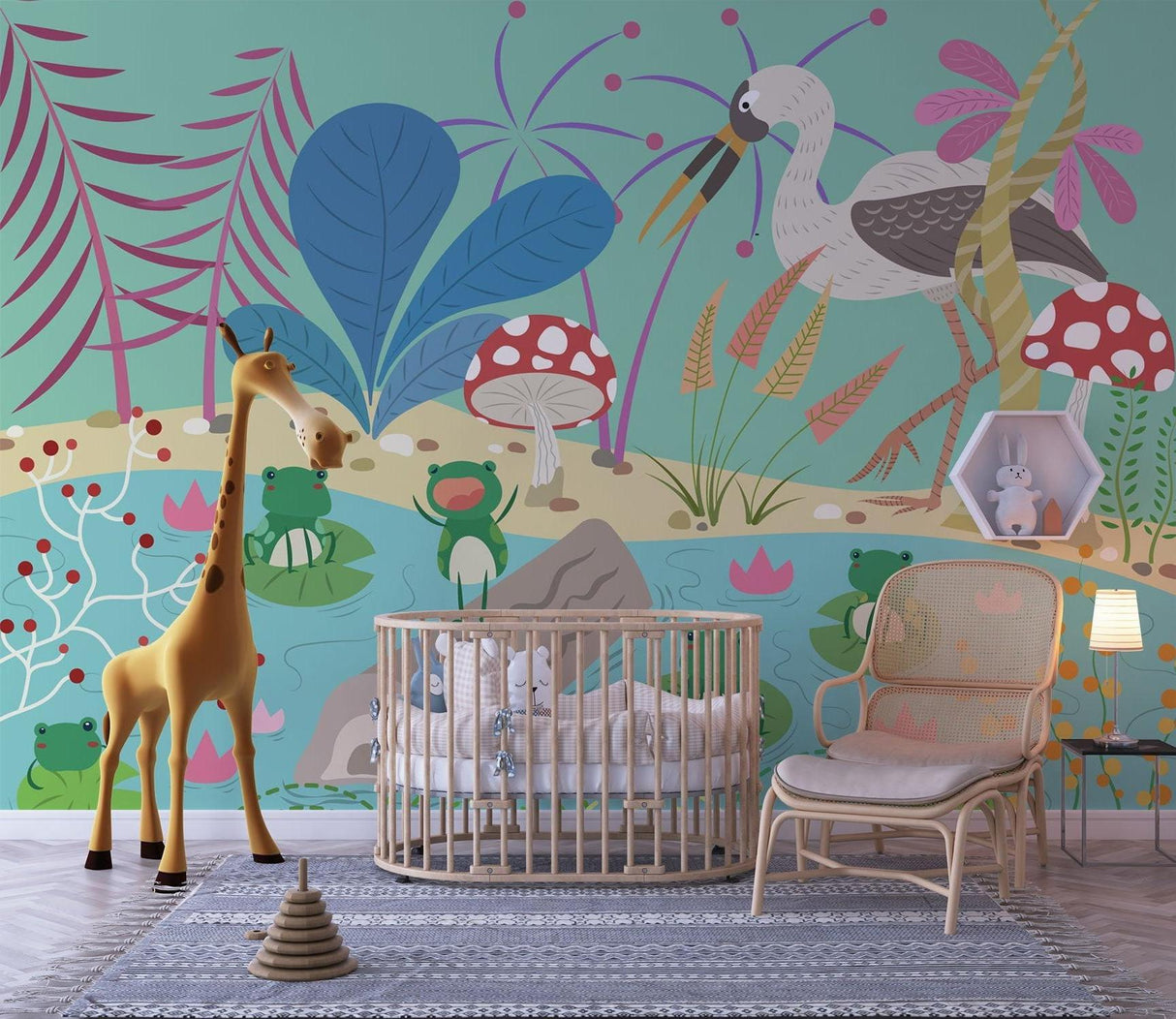 Whimsical nursery setup with frog and bird wallpaper creating a storybook feel
