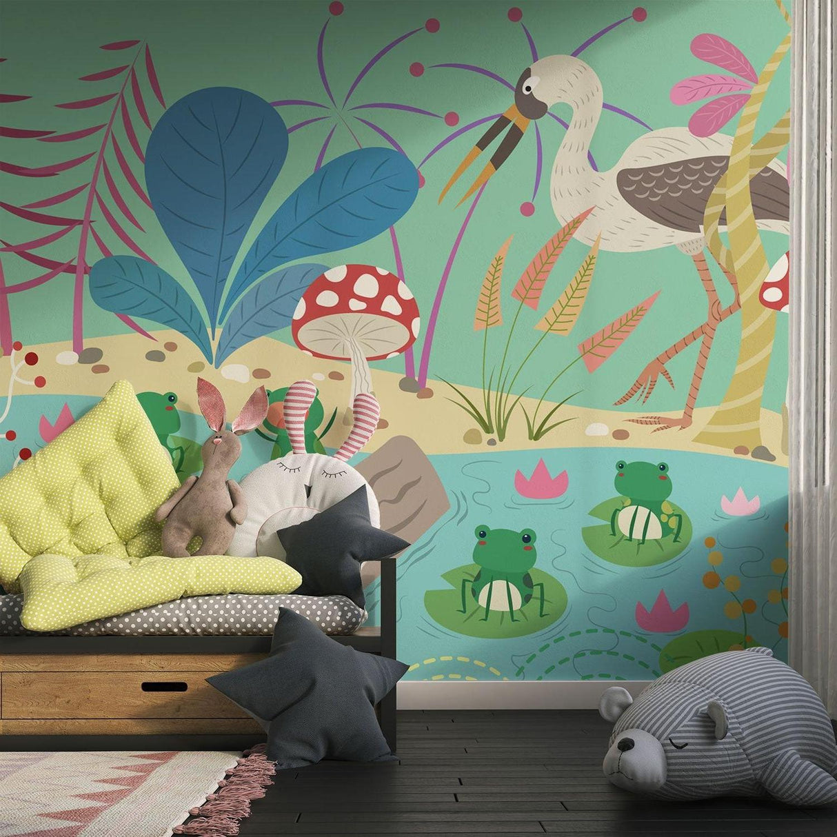 Playroom decorated with magical pond scene wallpaper showing colorful mushrooms