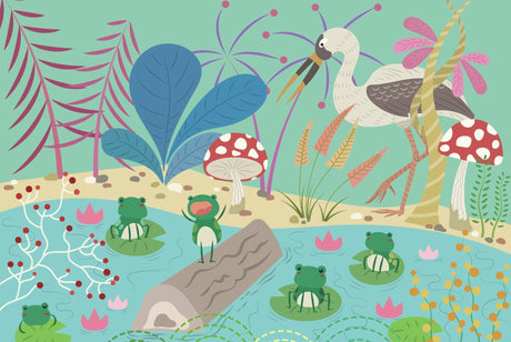 Design file of magical pond wallpaper with frogs, birds, and whimsical elements