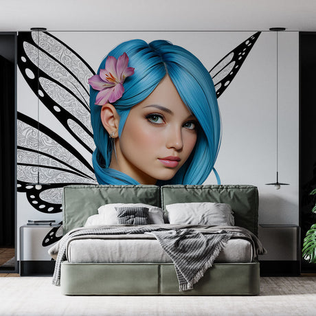 Fairy butterfly wallpaper creating magic in a modern teen bedroom with soft lighting and cozy reading nook