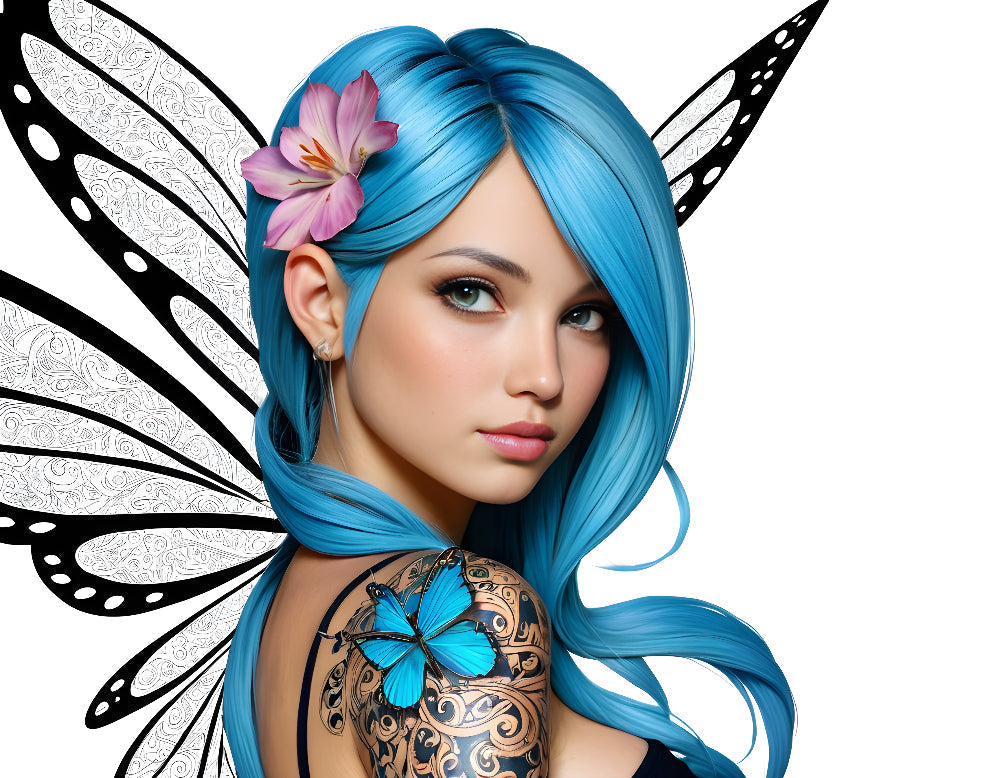 Blue Fairy with Butterfly Wings design file showing intricate tattoo patterns and detailed wings
