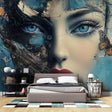 Butterfly Portrait Wallpaper creating drama in modern living room, blue and turquoise tones complement contemporary furniture