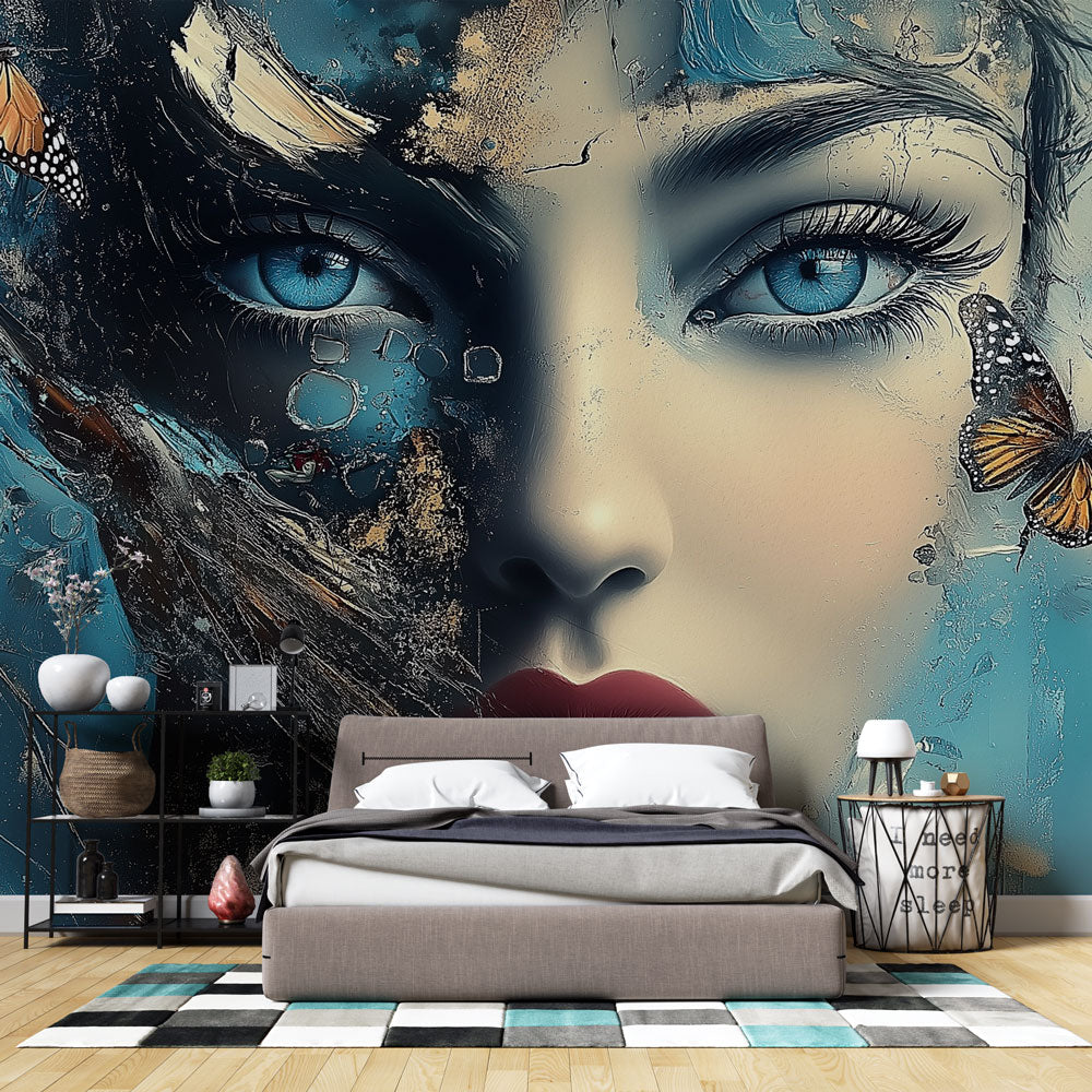 Butterfly Portrait Wallpaper creating drama in modern living room, blue and turquoise tones complement contemporary furniture