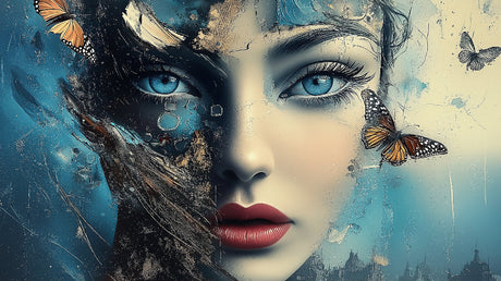 Fantasy Portrait Wallpaper design file showing detailed butterfly pattern and piercing blue eyes