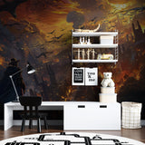 Fantasy dragon wallpaper in modern gaming room, creating an epic atmosphere with dark kingdom design