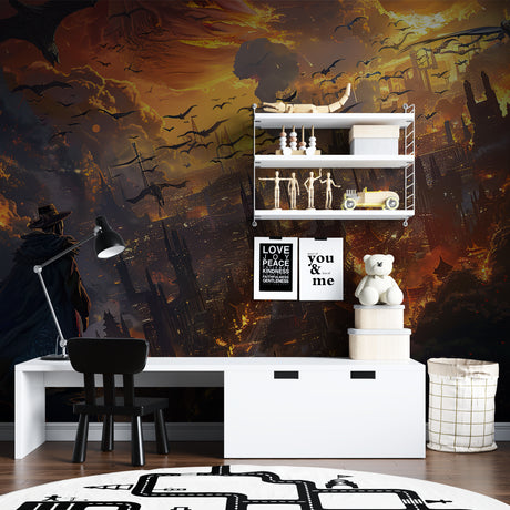 Fantasy dragon wallpaper in modern gaming room, creating an epic atmosphere with dark kingdom design
