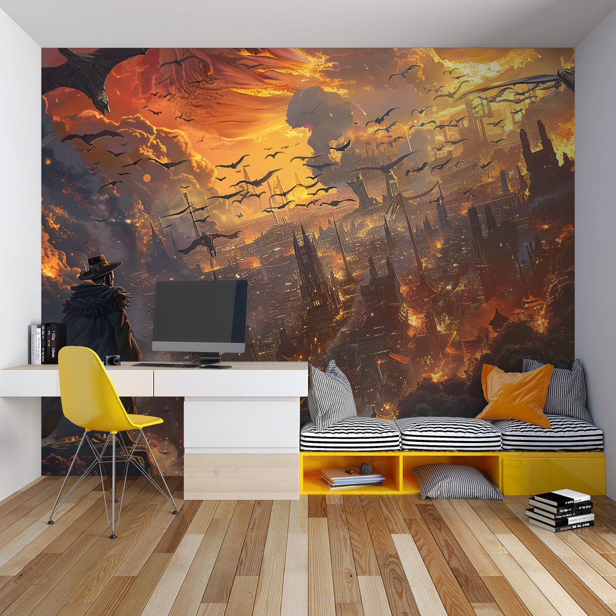 Dark fantasy mural displayed in teen bedroom with dramatic lighting effects